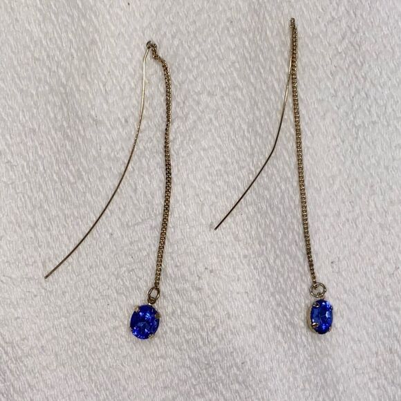 CRYSTAL BLUE DROP STONE Dangling Drop Earrings with Skinny Long Dangling Back - Picture 2 of 3